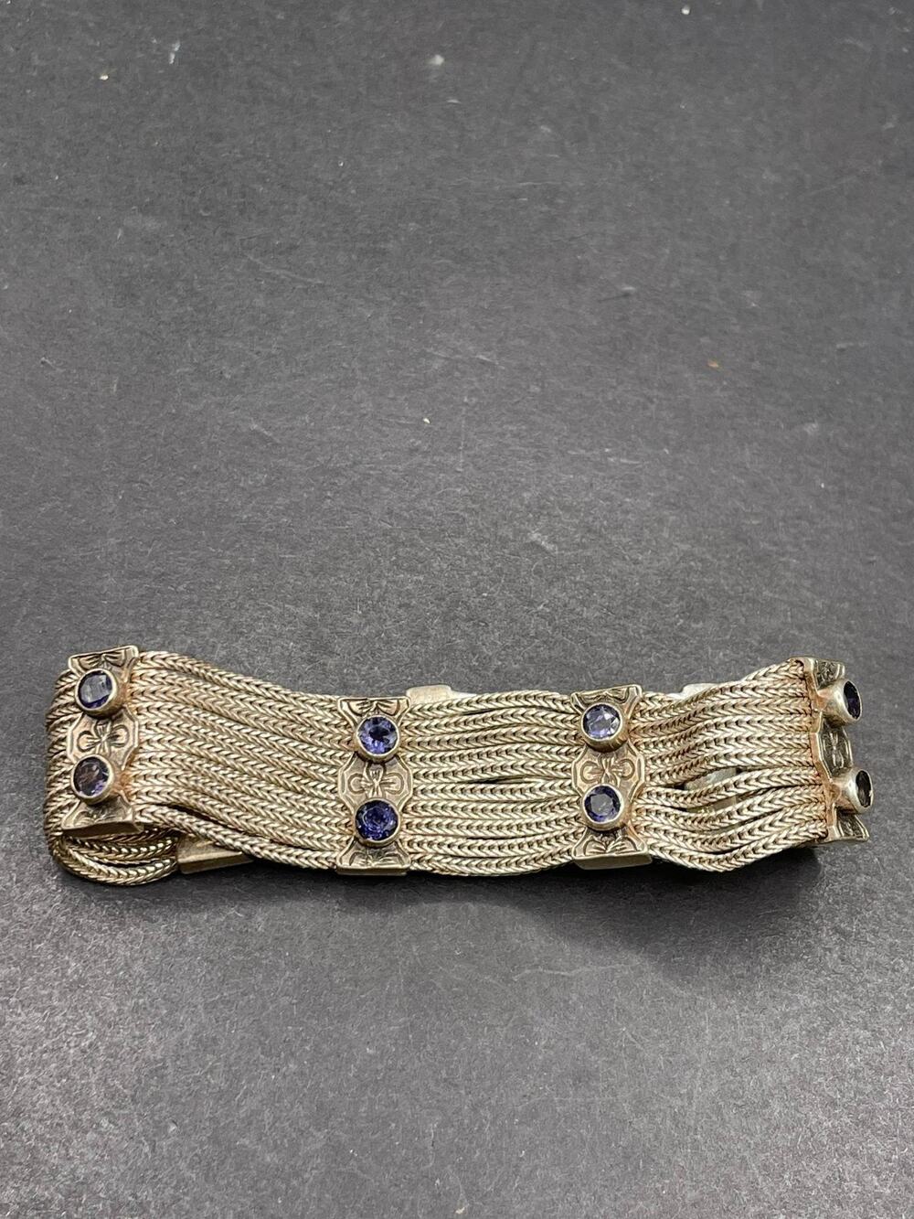 925 Sterling Silver Multi-Strand Mesh Bracelet with Purple Gemstones 36g